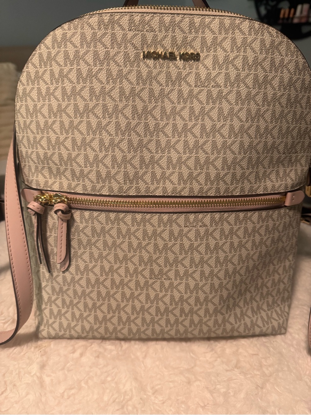 Michael Kors Beige MK Monogram Backpack with Pink Trim